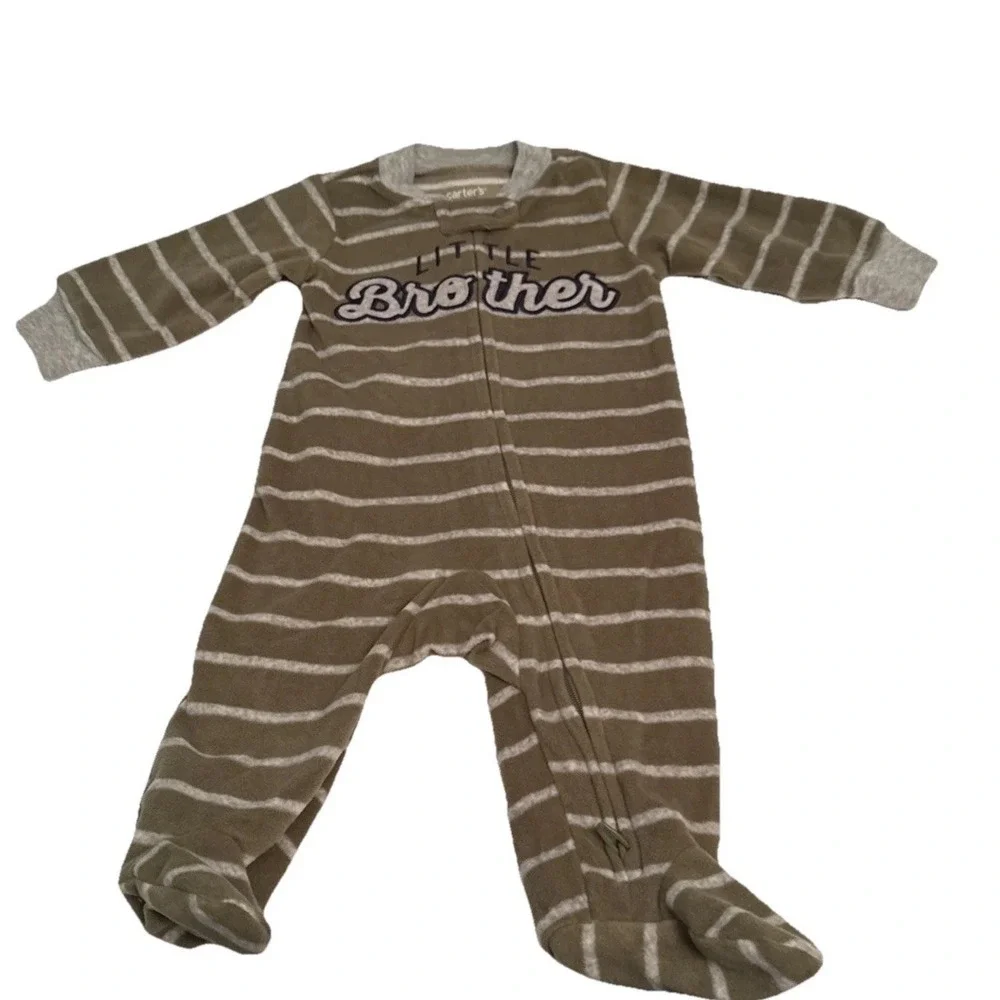 Carters Little Brother Size 3M Green Gray Fleece Long Sleeve Footed Pajamas NWOT